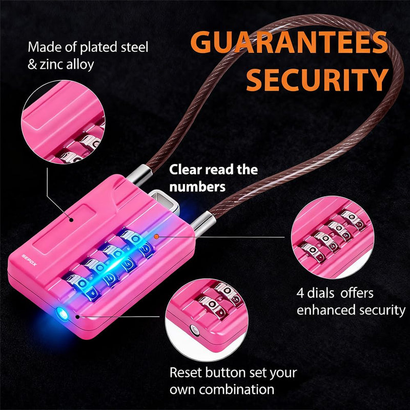 SEPOX® Resettable 4-Digit Padlock Bundle – 4-Pack Black 16cm & 12-Pack Pink 18cm for Gym, Travel & Storage