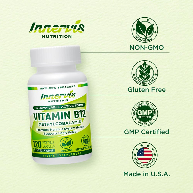 Methyl B12 1000mcg (120 Caps) High Absorption Methylcobalamin for Sustained Energy, Nerve & Heart Health* - Vegan Vitamin B12 by Innervis Nutrition