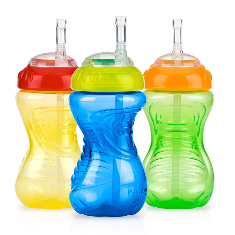 [Australia] - Nuby No-Spill Sippy Cup with Flex Straw - (3-Pack) 10-Ounce Bottles - Sippy Cups for Toddlers 12+ Months - Neutral Color Training Cups for Toddlers Soft Straw 10.1 Ounces Blue, Green & Yellow 
