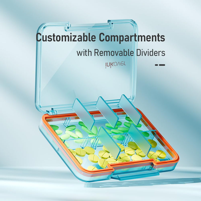 Small Pill Organizer, Travel Pill Case, 4 Compartments Black | Slim 0.65 in case for purse or pocket, with removable dividers, silicone seal and snap lock for daily tablets or capsules.