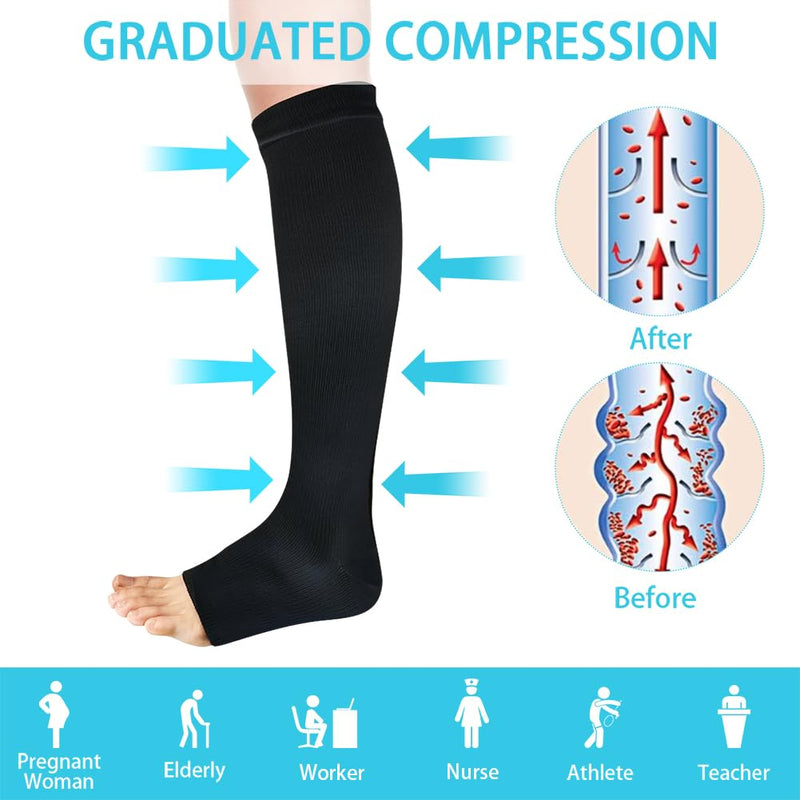 [Australia] - ACWOO compression stockings for women and men, 2 pairs of support stockings, medical compression socks with 15-20 mmhg thrombosis stockings, open toe compression socks for running, sports, flights, cycling (black) 2 pairs - one size black 