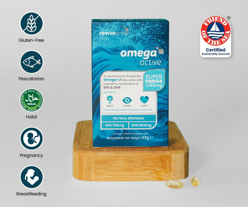 Revive Active Omega 3 Capsules High Strength - Omega 3 Fish Oil with EPA & DHA, No Fishy Aftertaste - Fatty Acids Supplements, Supports Brain, Vision, & Heart - 60 Capsules