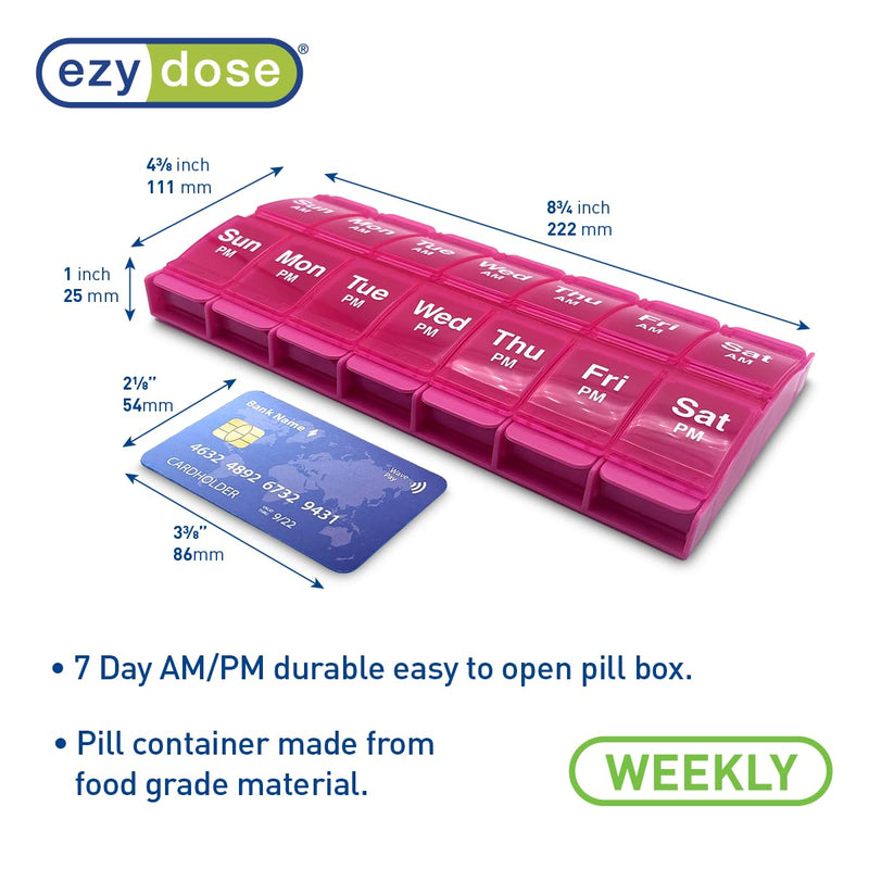 Ezy Dose Weekly (7-Day) AM/PM Pill Organizer, X-Large Medicine Case, Pink | Daily Vitamin Box & Supplement Planner, 2 Times a Day Push Button Compartments, Arthritis-Friendly, Travel-Friendly, BPA-Free