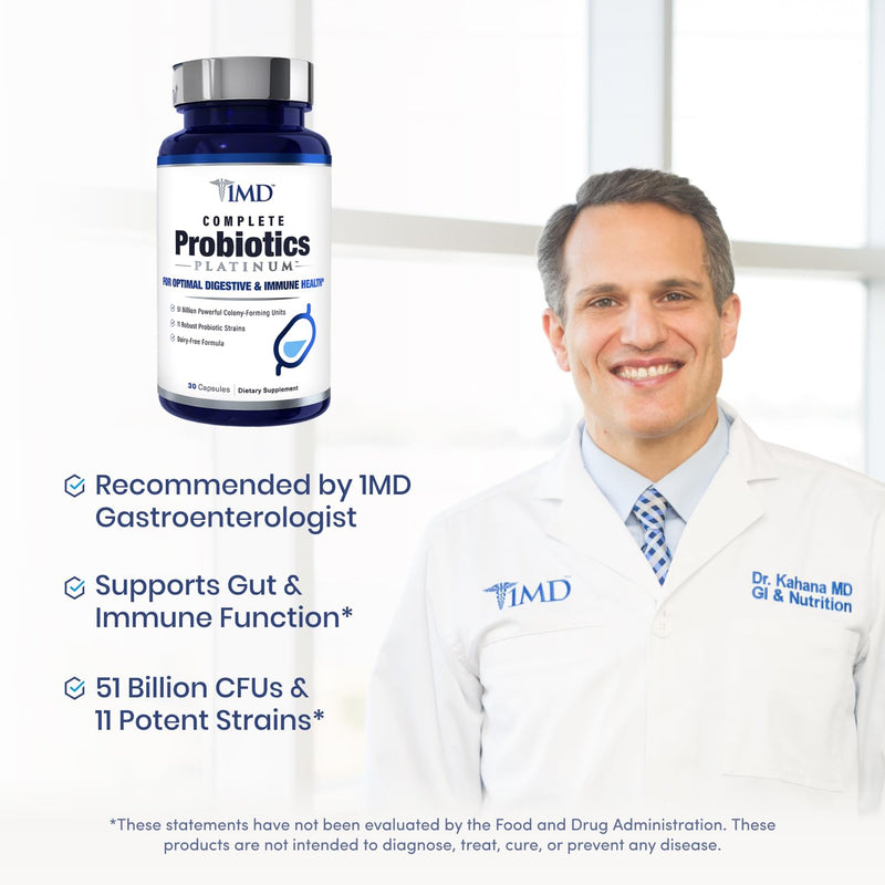 [Australia] - 1MD Nutrition Complete Probiotics Platinum - w/Prebiotics and Probiotics for Digestive Health - Probiotic Supplement for Women & Men - More Than 50 Billion Live CFU 11 Strains Dairy-Free - 30 Caps 30 Count (Pack of 1) 