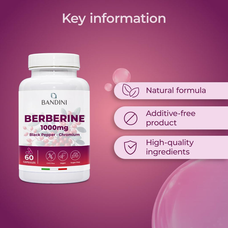 Bandini® Berberine 1000mg Pure high Dosage | Pure Berberin HCl from Berberis Aristata 97% + Chromium and Black Pepper | Maximum Absorption | Digestive, Liver, intestinal Function | 60 Vegan Capsules