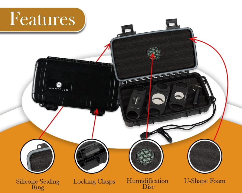 [Australia] - Mantello Cigars Travel Cigar Humidor Case - Cigar Case with 2 Ring, V-Cut & Punch Cutters - Waterproof & Airtight - Holds 5 Cigars- 5-Piece Cigar Accessories Cigar Gifts for Men 5 Piece Set 