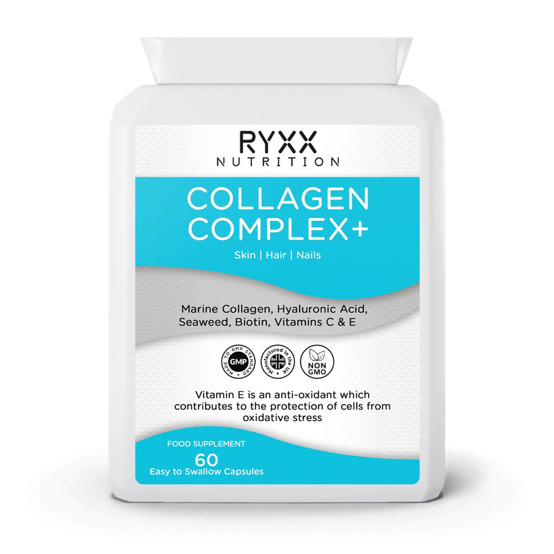 Collagen Complex+ | Marine Collagen Supplement with Hyaluronic Acid, Biotin, Vitamin C & E | Skin, Hair & Joint Support | 60 Capsules | Made in the UK by RYXX