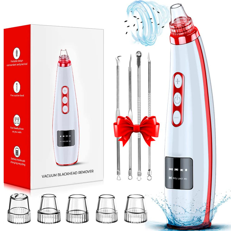 Blackhead Remover Pore Vacuum Upgraded Facial Pore Cleaner Electric Comedone Whitehead Extractor Tool-5 Suction Power,5 Probes,USB Rechargeable Blackhead Vacuum Kit for Women & Men Red