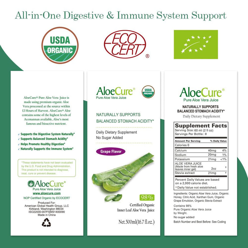 [Australia] - AloeCure USDA Organic Aloe Vera Juice Grape Flavor, Made Within 12 Hours of Harvest - Pure Aloe Juice Natural Digestive & Immune Support Supplement, Naturally Balances Stomach Acidity, 16.7oz Bottle 1 