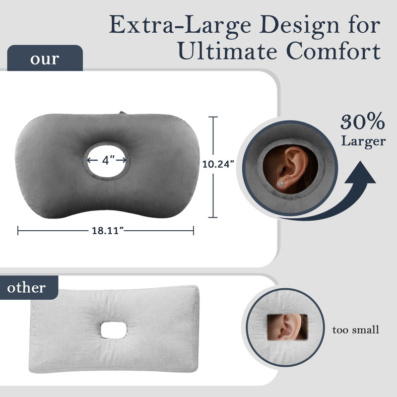 [Australia] - Ear Piercing Pillow for Side Sleepers, Larger Ear Hole Design for Comfortable Sleep, Adjustable Ear Pillows with Soft Washable Cover, Ideal for Ear Piercing Care and Support (Gray) Large 