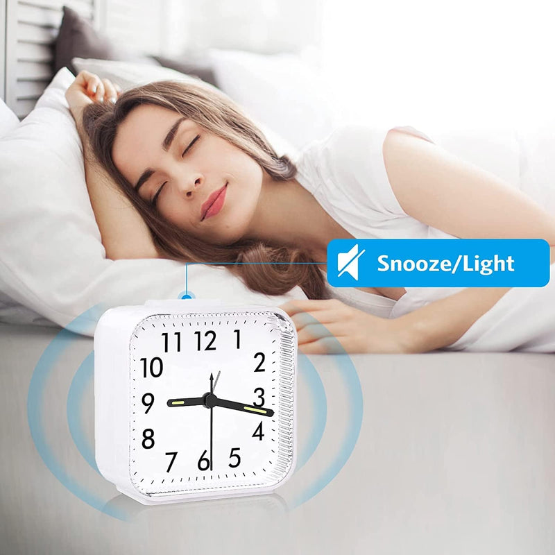 [Australia] - Ultra Small, Peakeep Battery Travel Alarm Clock with Snooze and Light, Silent with No Ticking Analog Quartz (White) White 