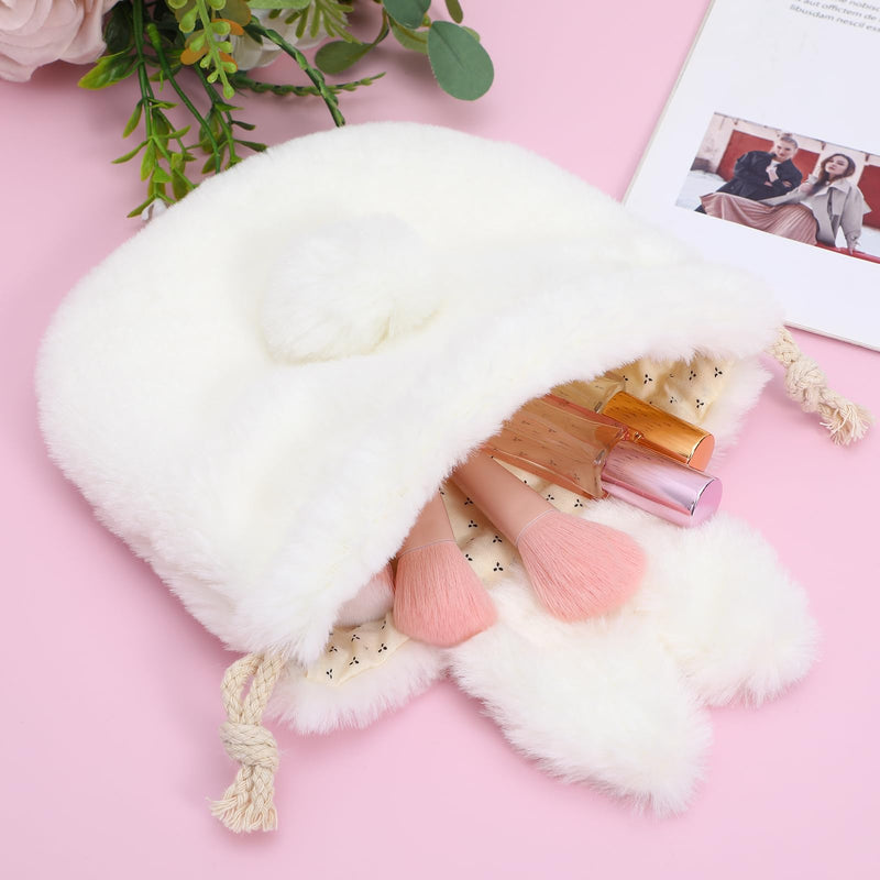 Lurrose Bunny Bags, Drawstring Bag for Makeup, Cute Fluffy Plush Bunny Storage Bags with Drawstring (Pack of 2) Full Size (Pack of 2)