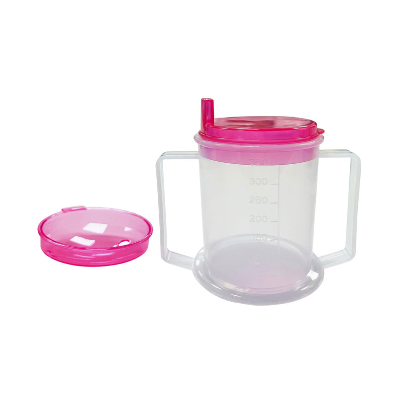 Adult Drinking Cup 350ML Beaker with Handles & Anti Spill lids for Disabled Adults Dishwasher and Microwave Safe BPA, PVC and Latex Free Pink