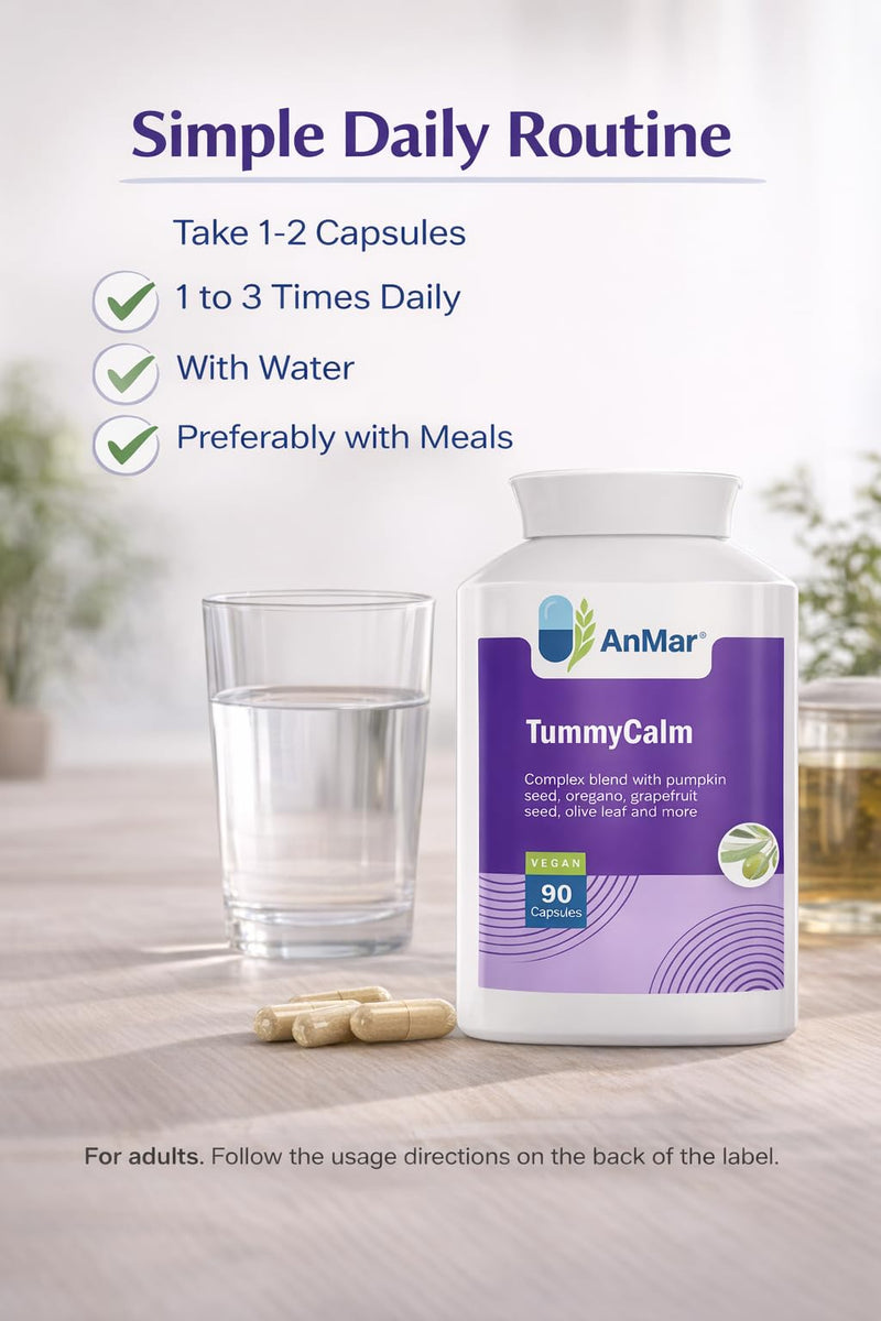 AnMar® TummyCalm Digestive Botanical Complex – Pumpkin Seed, Oregano Leaf, Grapefruit Seed & Olive Leaf Extract – Herbal Digestive Support Supplement – Vegan Capsules – 90 Capsules