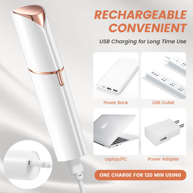 [Australia] - Facial Hair Removal for Women- as Seen on TV Painless Face Shaver -Painless Womens Facial Hair Remover with 2 Replacement Heads, Lipstick-Sized, USB Rechargeable（White） white 