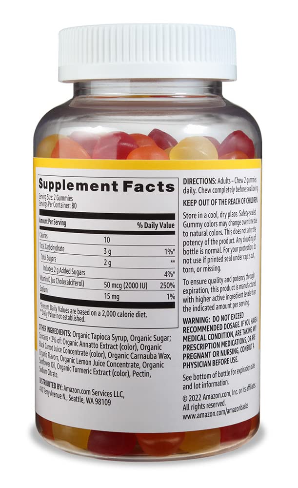 Amazon Basics Vitamin D3 2000 IU Gummies, Orange, Lemon & Strawberry, 160 Count (2 per Serving) (Previously Solimo) 160 Count (Pack of 1)