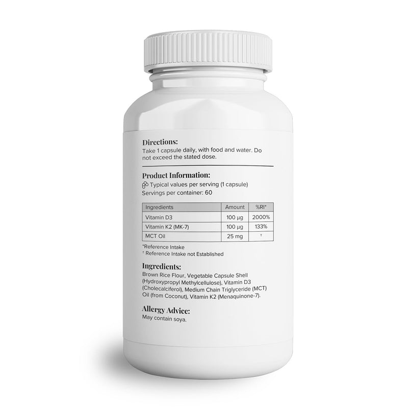Theonia Vitamin D3 & K2 MK-7-100ug Each with MCT Oil - Suitable for Vegetarians - Support Healthy Bones, Teeth, Muscles, Immune Function, and Fatigue - Non-GMO 60 count (Pack of 1)