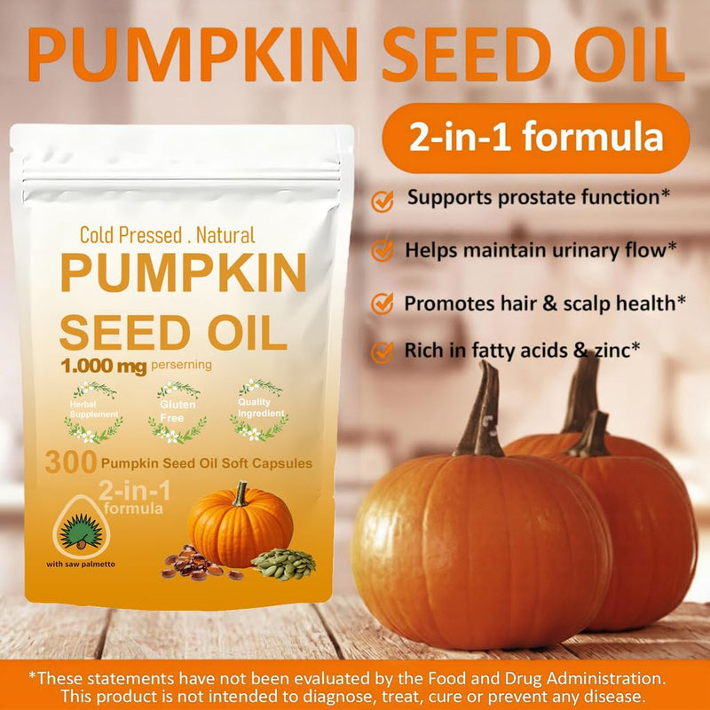 300 Pumpkin Seed Oil Capsules, 2-in-1 Pumpkin Seed Oil, Rich in Natural Essential Fatty acids, Used for Hair Growth, Heart, 100% Natural Cold Pressing, Skin Supplement, Non GMO, Gluten Free