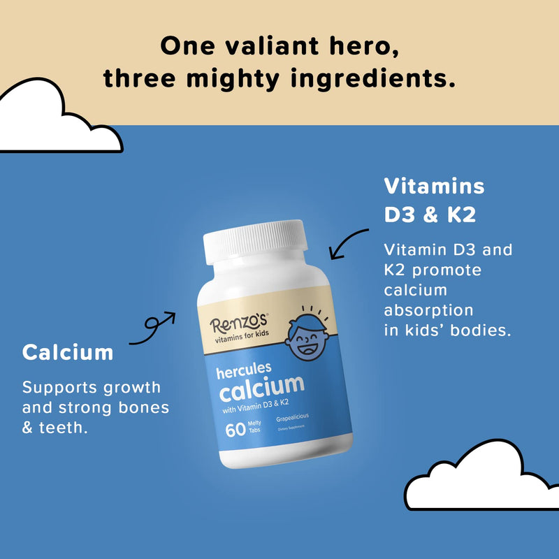 [Australia] - Renzo's Hercules Calcium Supplement with Vitamin D3 & K2 - Dissolvable - for Ages 2+ - Kids Vitamins - 60 Grape-Flavored Melty Tabs 