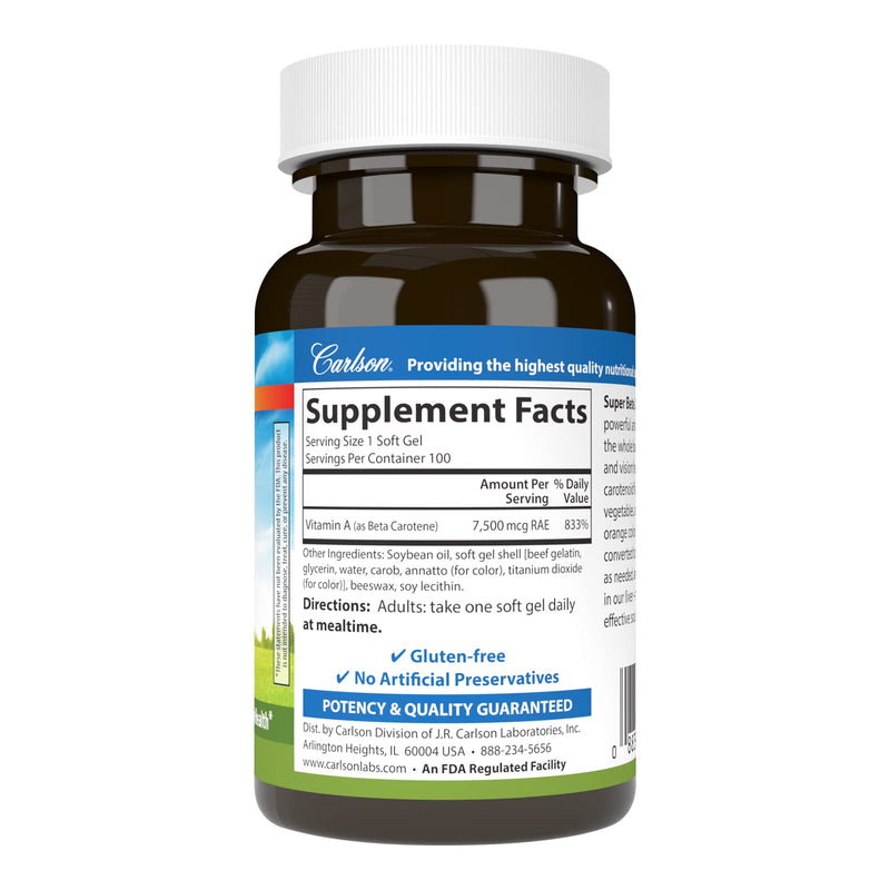[Australia] - Carlson - Super Beta Carotene, 25000 IU (15 mg), Vitamin A as Beta Carotene, Bioavailable and Bioactive Form, Vision Health, Healthy Skin, 100 Softgels 100 Count (Pack of 1) 
