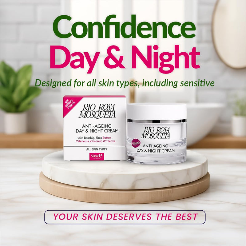Face Cream - Moisturiser Face Men Women, Day & Night Cream with Rosehip Seed Oil, Shea Butter, Coconut Oil, Aloe Vera, Red Algae, Vegan, Non-Greasy, 50ml Face Moisturiser Rosa Mosqueta Day & Night Cream Pack of 1