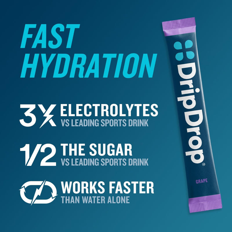 DripDrop Hydration Grape Electrolyte Packets, Powder Drink Mix, 32 Count | Grape; 3X Electrolytes; Potassium, Magnesium, Zinc, Vitamin C; Single Serve; Portable; Daily Use, Workouts, Travel