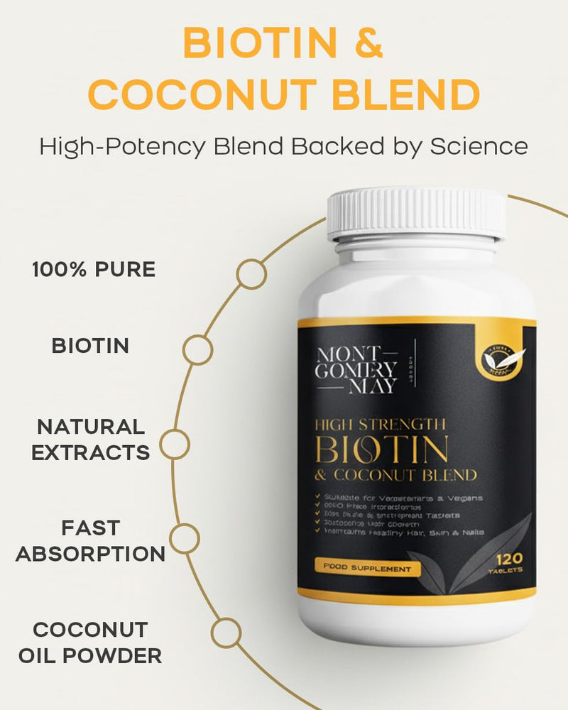 Montgomery May Biotin Tablets Supplement - Biotin 10000 mcg to Support Healthier Hair, Stronger Nails & Glowing Skin - High Strength Blend with Coconut Extract - 120 Vegan Tablets