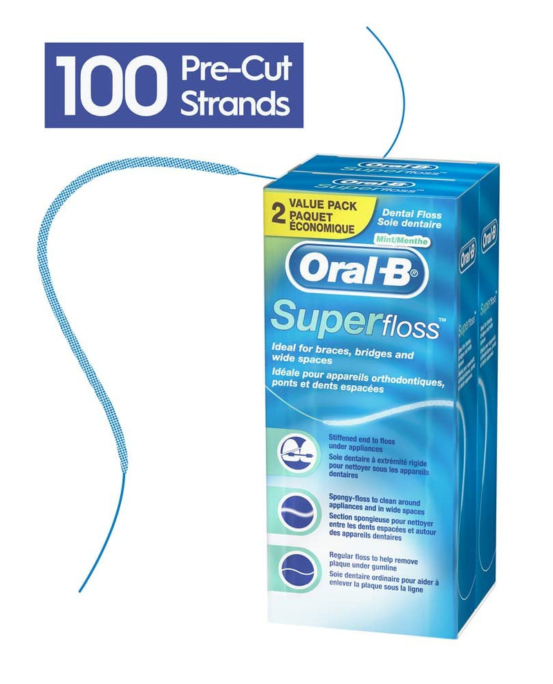 Oral-B Dental Floss for Braces, Super Floss Pre-Cut Strands, Mint, 50 Count, Pack of 2 164 Foot (Pack of 2)