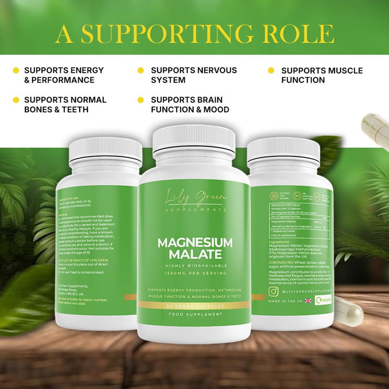 Lily Green Magnesium Malate Capsules | 1500mg per Serving for Energy, Muscle & Nerve Support | 90 Vegan Capsules | Made in UK