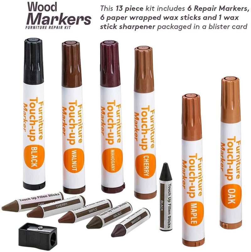 [Australia] - Katzco Furniture Repair Kit Wood Markers - Set of 13 - Markers and Wax Sticks with Sharpener - for Stains, Scratches, Floors, Tables, Desks, Carpenters, Bedposts, Touch-Ups, Cover-Ups, Molding Repair 