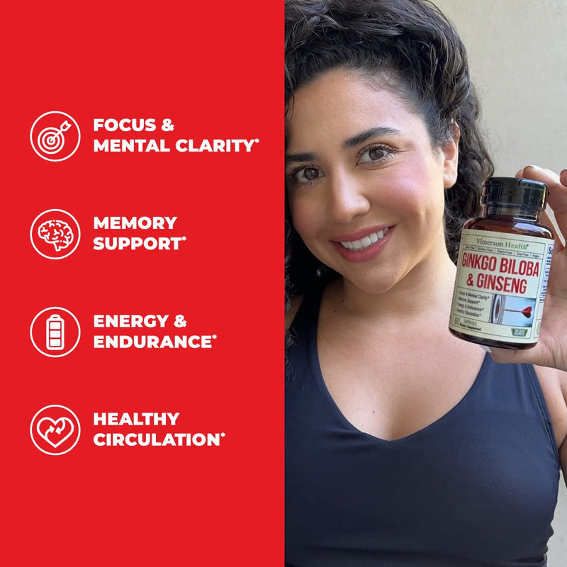 [Australia] - Ginseng + Ginkgo Biloba Supplements. Extra Strength Nootropics Brain Support Supplement for Memory & Focus with Panax Ginseng Root Extract Powder 800mg + Gingko 600mg + Ginkgo Biloba Extract 120mg 60 Count (Pack of 1) 