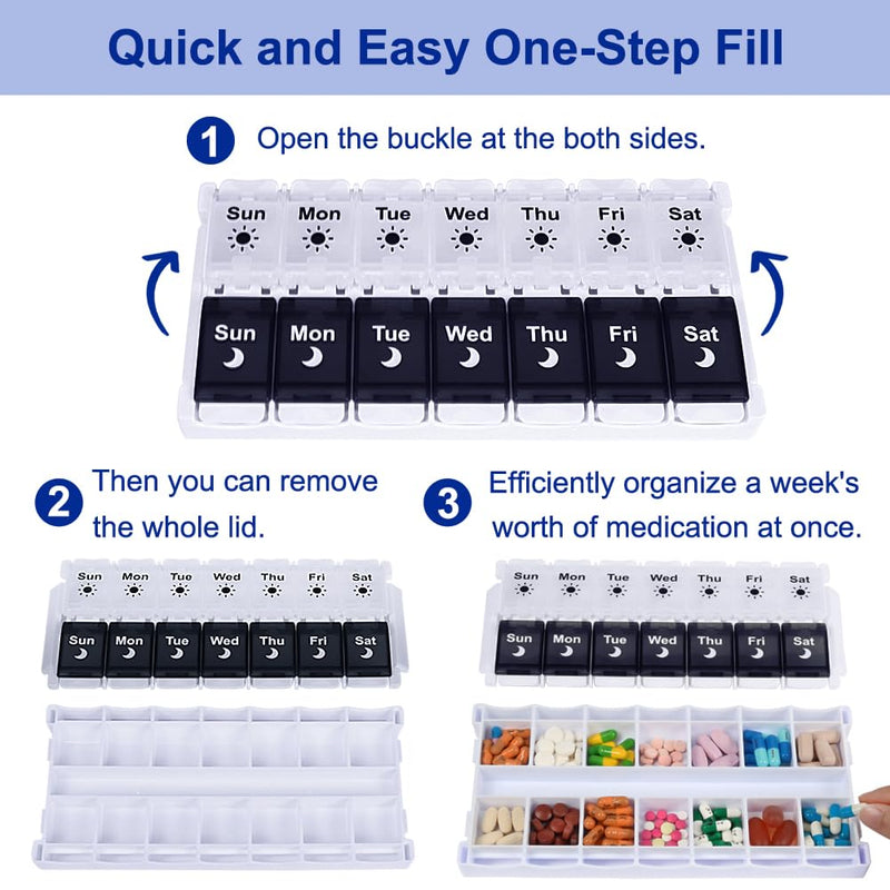 [Australia] - HRX Package Large Pill Organizer 2 Times a Day, Push Button Weekly Medicine Box Vitamin Cases for 7 Day AM PM Black and White 