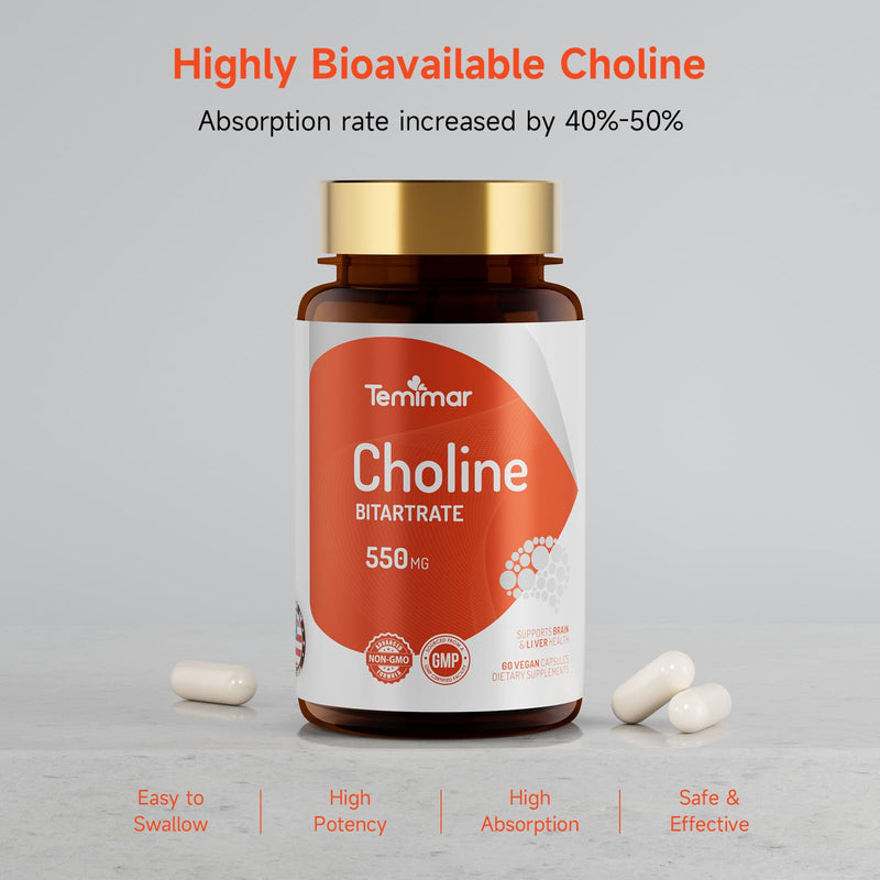 [Australia] - Choline Bitartrate 550mg, Supports Liver & Brain Health, High Absorption Choline Supplements, Non-GMO, Gluten-Free, Made in USA, 60 Vegan Capsules 60 Count (Pack of 1) 