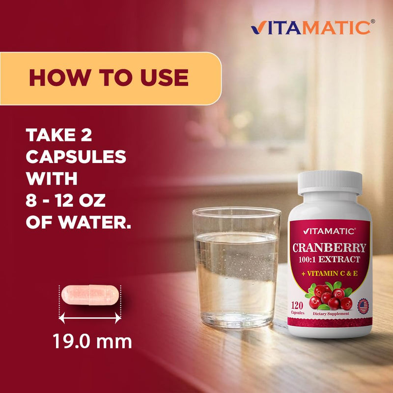 Vitamatic Cranberry 500 mg 100:1 Extract (2 Capsules) with Vitamin C & E – 120 Veg Capsules – Urinary Tract & Bladder Support Supplement – Non-GMO, Gluten Free, Made in USA