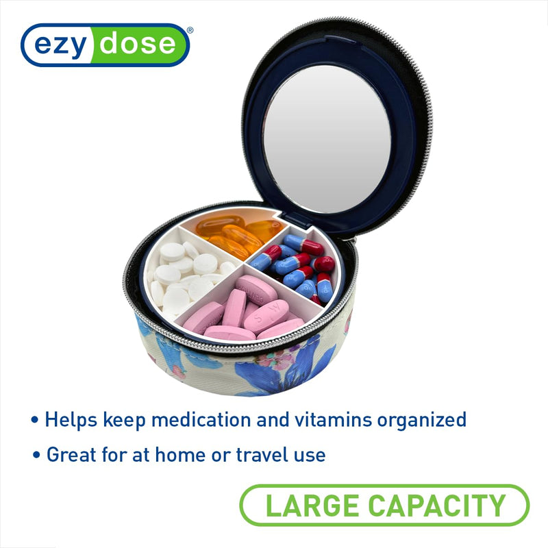 Ezy Dose Travel Pill Organizer with Built-in Mirror, Zipper Flower Case | Compact and Portable Medication Case for Daily Vitamins, Pills, and Medicine, Ideal for Travel and On-The-Go Use Small Mirrored Case