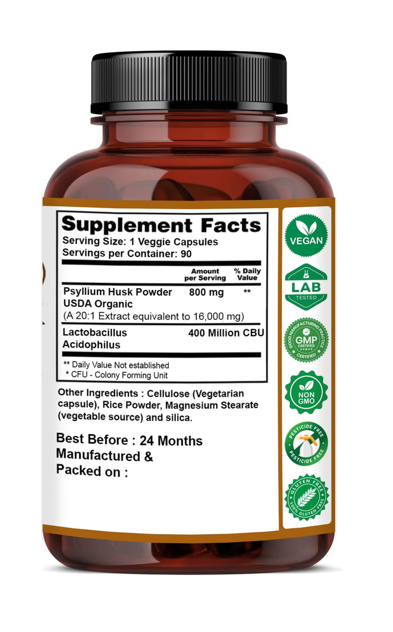 Naturfi Organic - Fibre Supplement 16,000 mg Psyllium Husk with Acidophilus - High Strength - Natural Soluble Fiber Supplement from Plantago Ovata Seeds, Vegan Capsules (270 Capsules (Pack of 3)) 270 Capsules (Pack of 3)