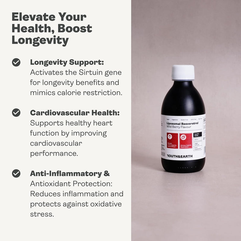 Youth & Earth Liposomal Resveratrol 200mg - Liquid Resveratrol Supplements for Sirtuin Activation, Anti-Aging & Cellular Health with NAD+ Boosters, NMN or NR - Wild Berry Flavor - 250ml