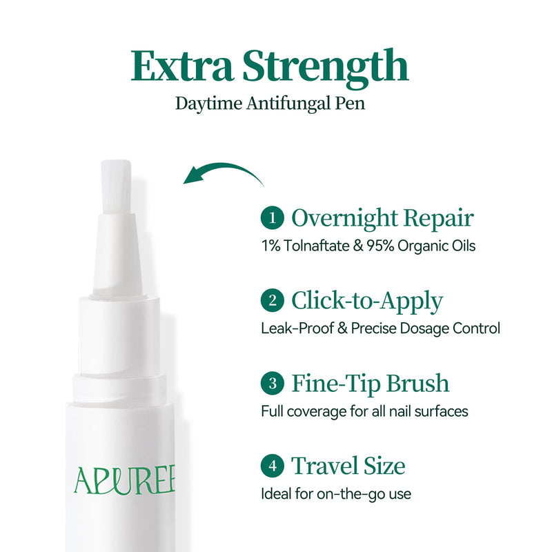 Apuree Nighttime Antifungal Pen Extra Strength 1% Tolnaftate Overnight | Tea Tree Oil, FSA-HSA Eligible, For Discolored Yellow Thick Brittle Damaged Nails, Improves Nail Appearance, Mess-Free