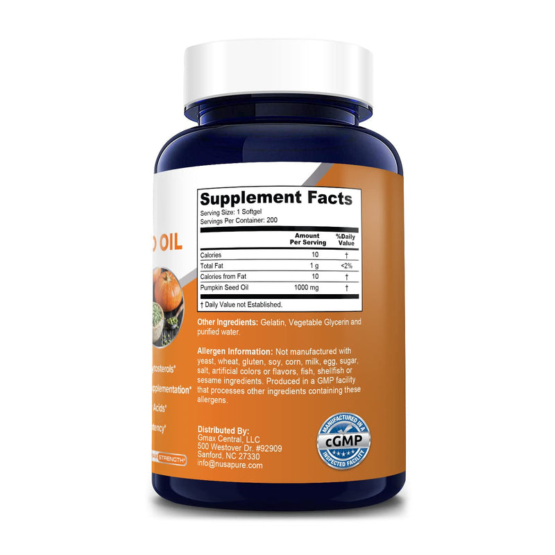 [Australia] - NusaPure Pumpkin Seed Oil 1000mg 200 Softgel Capsules (Non-GMO, Gluten Free) Naturally Occurring Phytosterols 