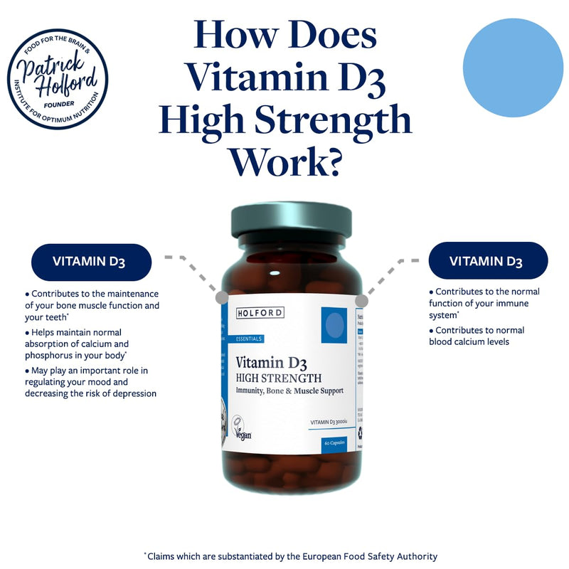 PATRICK HOLFORD Vitamin D High Strength/Vitamin D Supplement/for Immunity, Bone & Muscle Support / 1 Nutrient / 3000iu / D3 / Shiitake Mushroom Base/Naturally Sourced / 60 Capsules/Vegan /