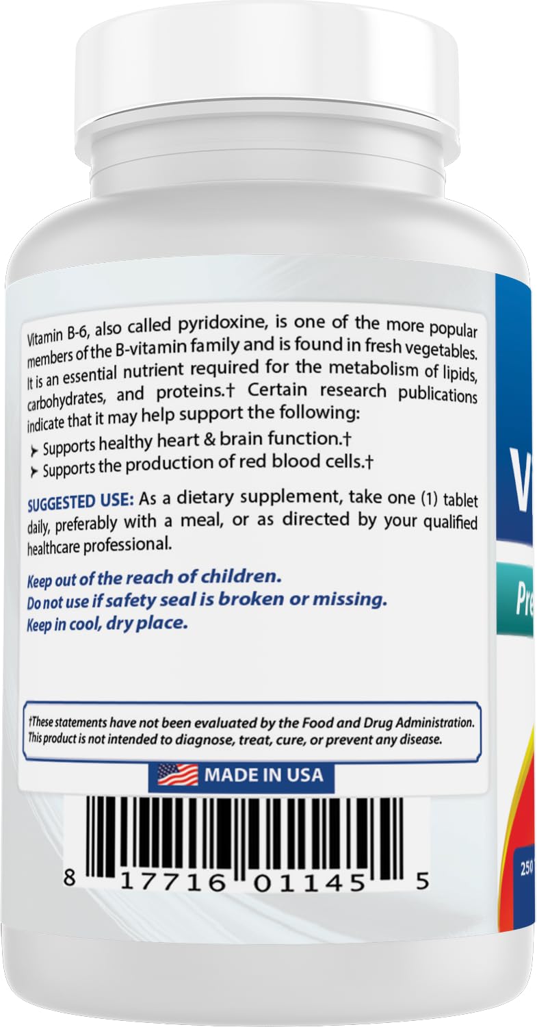 Vitamin B-6 100 mg 250 Tablets by Best Naturals -- Supports Casrdiovascular Health -- Manufactured in a USA Based GMP Certified Facility and Third Party Tested for Purity. Guaranteed!! (250 Tablets, 100 mg) (250 Count (Pack of 1)) 250 count (Pack of 1)