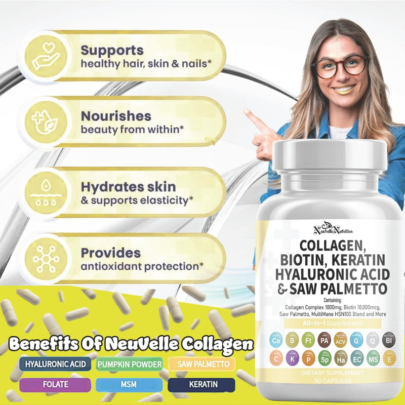 16 in 1 Collagen Supplement - Peptides Types I,II,III & V with Biotin, Keratin, Hyaluronic Acid, Saw Palmetto, Vitamins C & E, Apple Cider Vinegar & PABA - Nail Skin & Hair Health Support Capsules