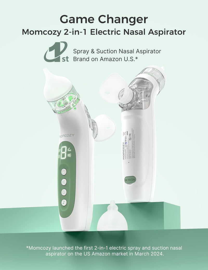 [Australia] - Momcozy BreezyClear‚Ñ¢ 2-in-1 Electric Nasal Aspirator for Baby with Spray, 65kPa Hospital-Grade Suction, 4 Adjustable Levels, Quiet & Portable Nose Cleaner with Soothing Light & Music 