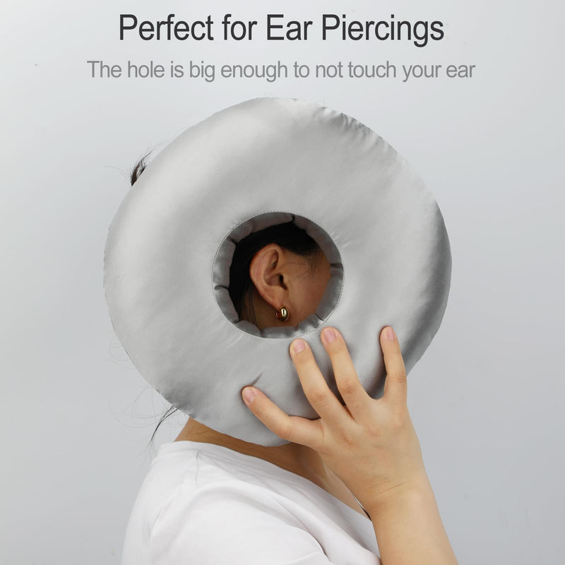 [Australia] - Silky Ear Piercing Pillows with Hole for Side Sleepers Donut Pillow Ear Pain Relief CNH Pressure Sore Ear Guard Satin Silver Gray Satin-silver Gray New-Satin 