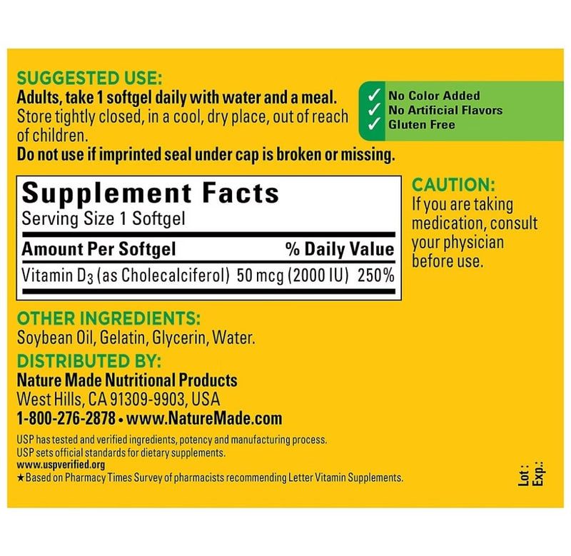 Nature Made Vitamin D3 2000iu 320 Ct. Soft Gels (Packaging May Vary) 320 Count (Pack of 1)