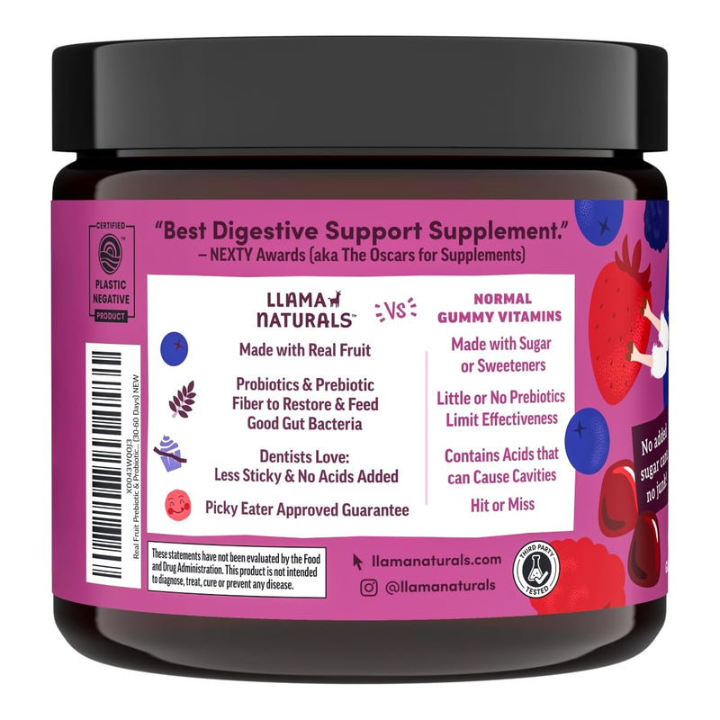 Llama Naturals Kids Probiotic with Prebiotic Fiber, Vegan, Organic Prebiotics and Probiotics Gummies for Gut Health Support, Toddler Real Fruit Gummy Vitamins, No Added Sugar Cane, Mixed Berry, 60 Ct Kids Mixed Berry 60 Count (Pack of 1)