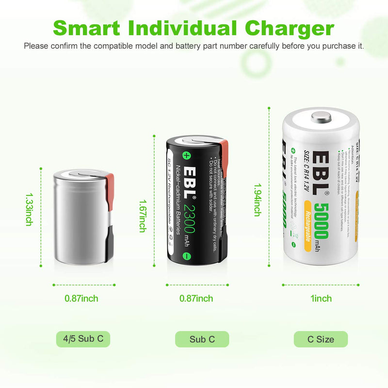 EBL 2300mAh Sub C NiCd Rechargeable Batteries for Power Tools 1.2V Flat Top Sub-C Cell Batteries with Tabs, 4 Packs