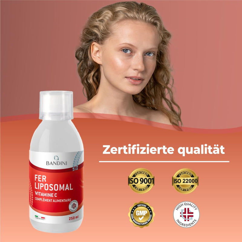 [Australia] - Bandini® Liposomal Iron + Vitamin C | 250ml liquid format, 10ml daily dose for 25 days | 20mg iron + 100mg Vit C per daily dose | Highly dosed, laboratory tested, vegan, without additives | With measuring cap 