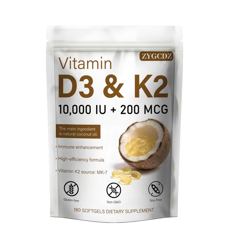 Vitamin D3 10000 IU with K2 MK-7 200 mcg Softgels, 180 Count | Supports Bone, Heart & Immune Health | Enhanced Absorption with Organic Coconut Oil, Non-GMO, Easy to Swallow Supplement (01) 1