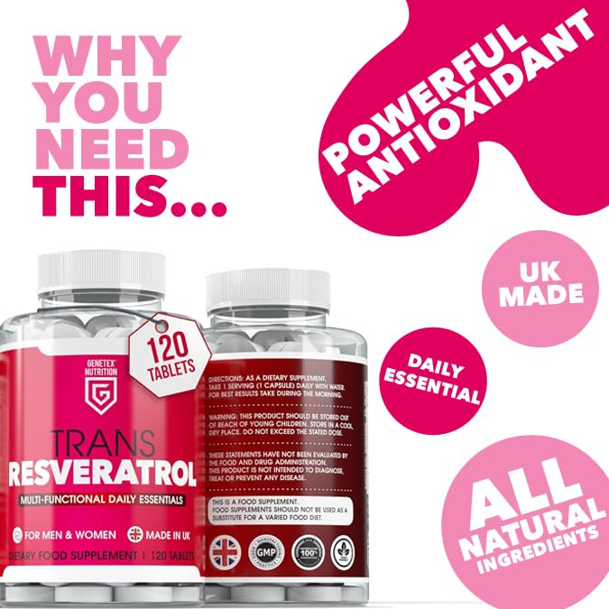 Trans Resveratrol Supplement – 120 Tablets – Powerful Antioxidant, Multi-Functional Daily Essential for Men & Women – Supports Overall Well-Being – Made in the UK